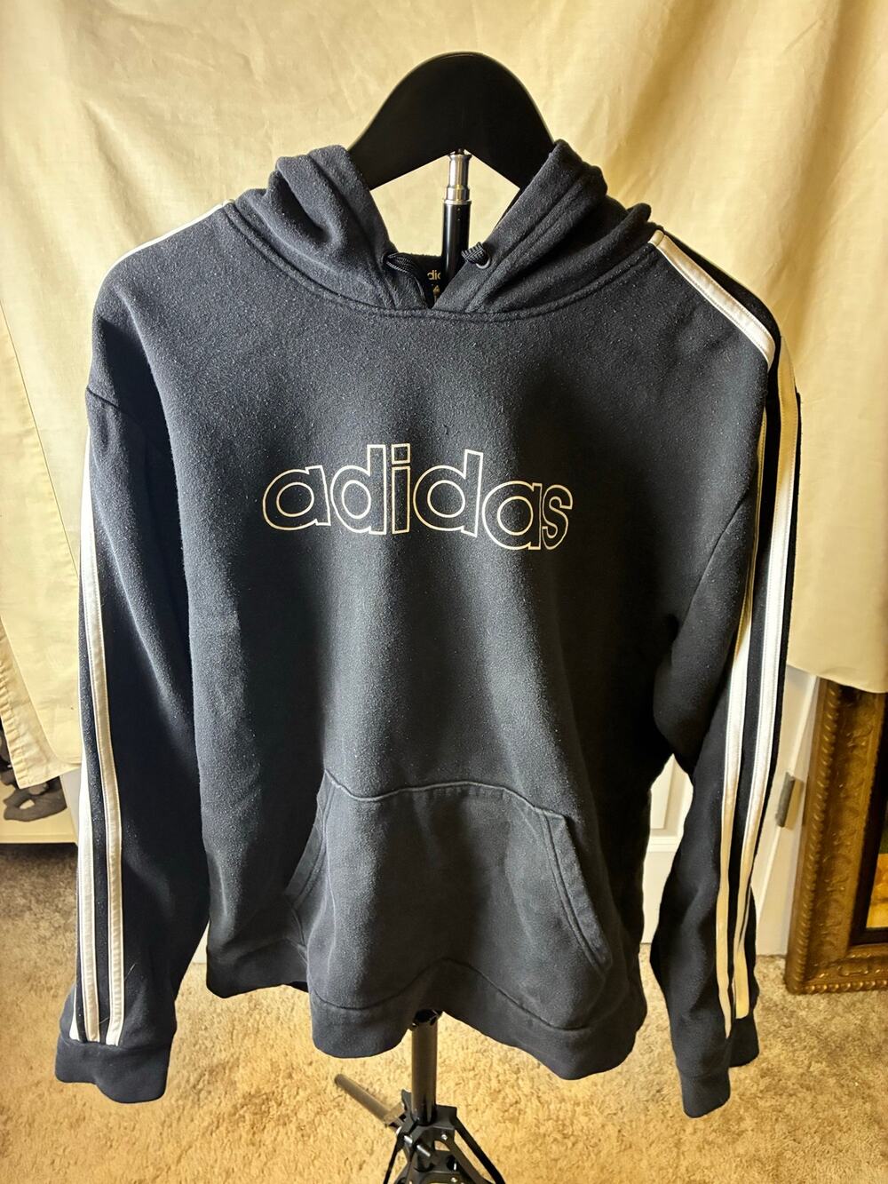 Adidas Hoodie Mens Medium Black 3 Stripe Pullover Fleece Sweatshirt Logo M